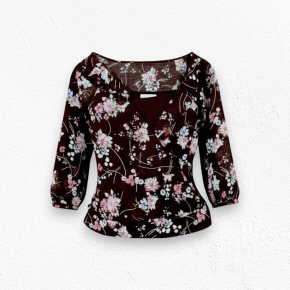 LOFT Tops - LOFT Brown Floral Cottage Bishop Sleeve V Neck Cropped Wrap Blouse Size 6